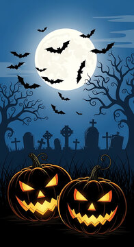 Halloween night scene with glowing pumpkins and spooky cemetery silhouette