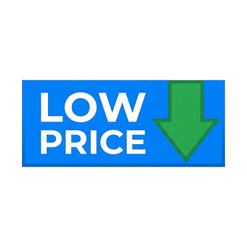 Low Price blue button with green arrow icon isolated on white background