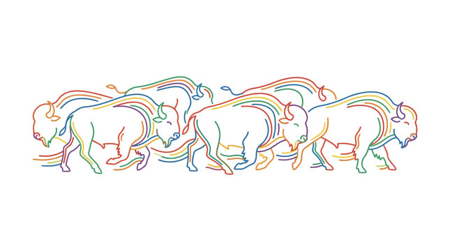 Herd of outline style bison running together decorated with thin rainbow lines.