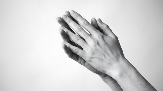 Close-up of human hands in prayer position or namaste gesture, black and white artistic photography on a neutral background