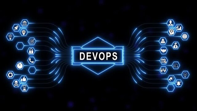 Dynamic dev ops technology animation featuring glowing blue digital circuit board lines, hexagon node connections, and software engineering business on black background, for it systems