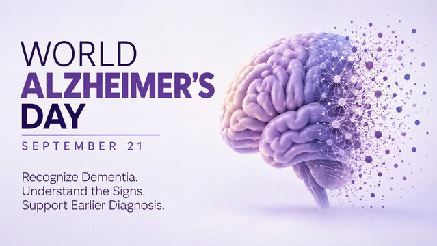 > World Alzheimer's Day September 21 awareness banner. 3D purple human brain dissolving into neural network particles. Dementia, memory loss and early diagnosis medical concept.