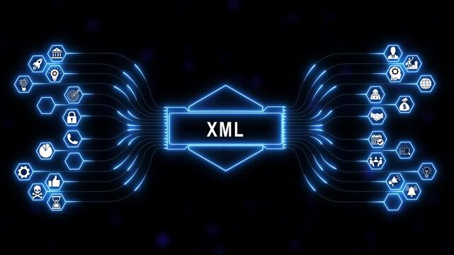 Xml concept digital technology network background, animation featuring glowing, neon blue circuit, lines and hexagon, business for data, processing and software, development presentations