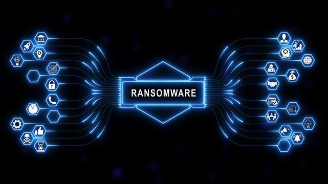 Comprehensive digital ransomware attack cyber security concept displaying glowing neon blue circuit board connected network and central warning text on advanced dark virtual interface background