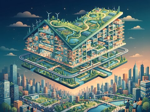 Detailed floating cross-section of a sustainable eco-friendly city skyscraper at twilight with green architecture sustainable living urban planning