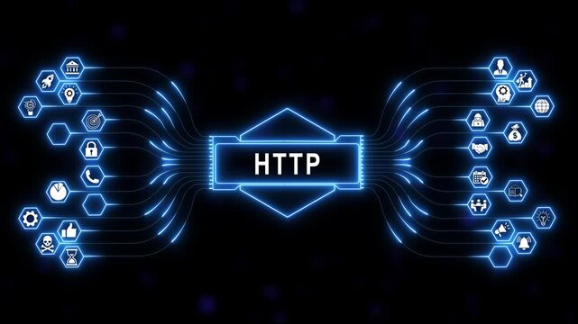 Dynamic http technology concept animation featuring glowing blue neon circuit boards, interconnected data nodes, and business modern digital communication and web development projects