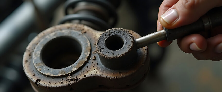 Rusty mechanical part with tool cleaning dirt and grime on metal.