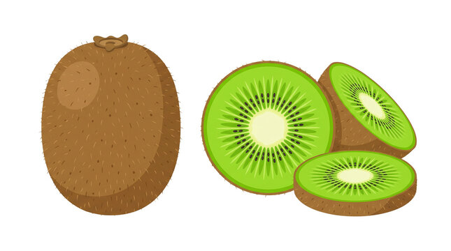 Whole and sliced kiwi fruit illustration with vibrant green flesh and black seeds PNG Isolated on transparent background