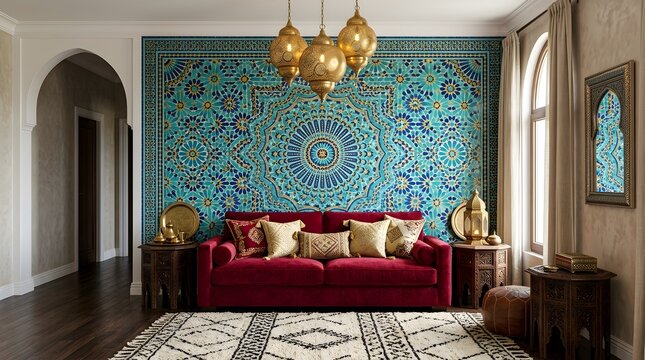 Moroccan style living room interior, red velvet sofa against blue mosaic tile wall, luxurious middle eastern home decor with gold lanterns