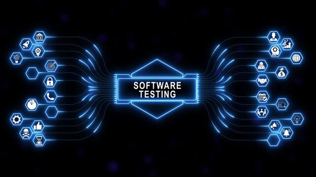 Comprehensive software testing digital network concept animation featuring glowing blue neon circuit lines interconnecting futuristic technology on a dark background