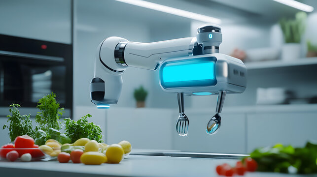 Smart robotic arm cooking in a modern kitchen with fresh vegetables