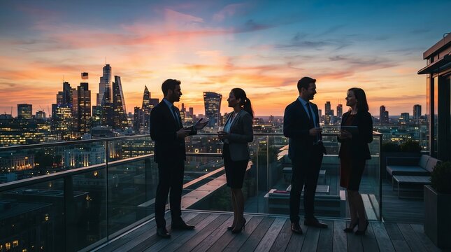 Diverse Business Professionals Networking on Rooftop Terrace Against Urban Skyline at Sunset.