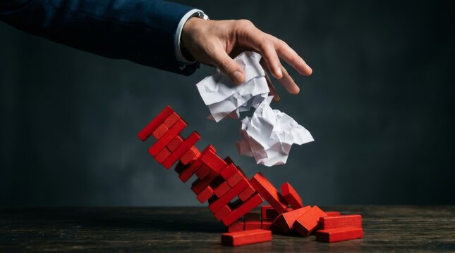 Understanding Financial Turmoil During a Severe Market Downturn, A hand drops crumpled paper onto a tower of red blocks about to topple over.