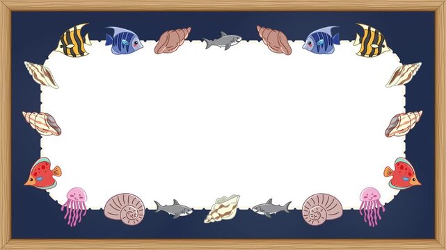 Cartoon Undersea Animals Frame on Navy Blackboard Background Loop