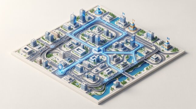 Isometric business map with branching routes and strategic checkpoints, representing decision making, market opportunities, corporate planning, navigation, and business development.