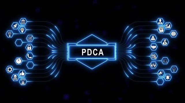 Dynamic glowing blue digital pdca concept animation featuring futuristic circuit board connections, interconnected business management and process optimization strategy on a dark background