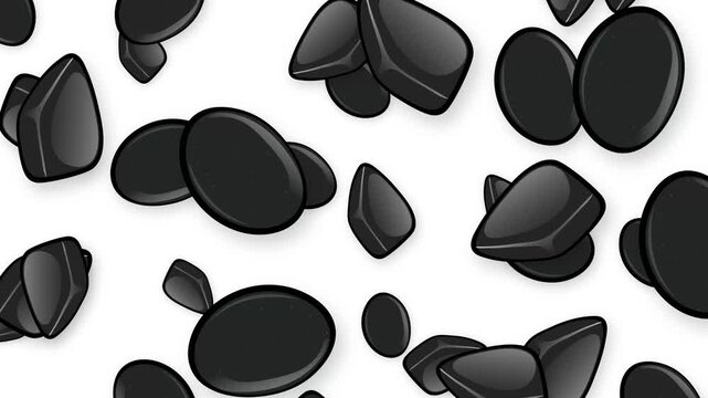 Falling Black Geometric Objects and Smooth Stones on White Background