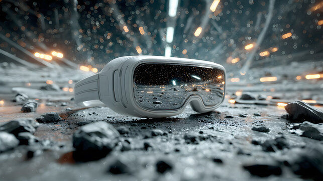 Virtual reality headset resting on the lunar surface with a starry space background