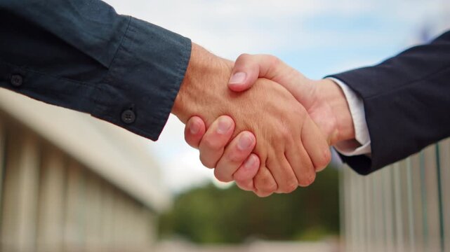 Two business partners shaking hands outdoors. Firm handshake between two professionals in corporate suits.