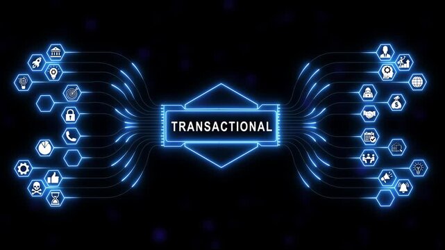Futuristic digital interface display featuring the word transactional surrounded by glowing blue circuit board lines hexagon nodes and business for modern corporate presentations and tech projects