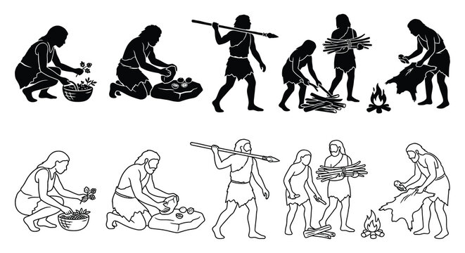 Caveman silhouettes depict prehistoric human evolution and survival techniques