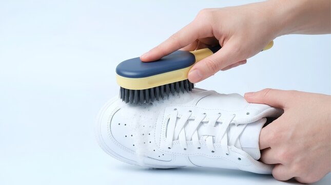 Hands Scrubbing White Sneaker with Brush and Soap Foam &ndash; Footwear Cleaning Maintenance Concept