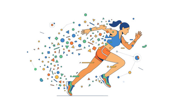 Sportswoman running energetically with colorful geometric data elements illustrating fitness tracking and athletic performance.