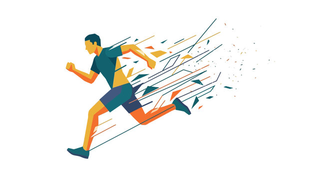 Athletic runner moving at high speed leaving sharp abstract lines and geometric trails behind.
