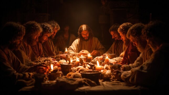     Jesus and His Apostles Sharing Bread and Wine at the Last Supper, Gathered Around a Rustic Wooden Table in Warm Candlelight