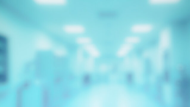 A blurred background of a modern hospital corridor, featuring light blue hues and bright overhead lighting, conveying a clean and sterile environment.