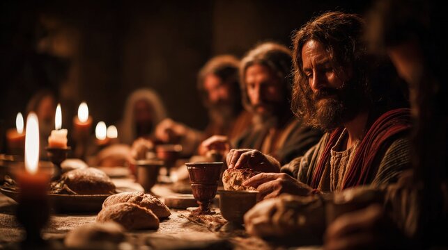     Jesus and His Apostles Sharing Bread and Wine at the Last Supper, Gathered Around a Rustic Wooden Table in Warm Candlelight
