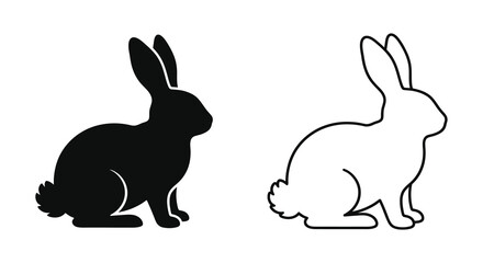 Rabbit silhouettes one solid black and one line drawing on a white background © Jenia