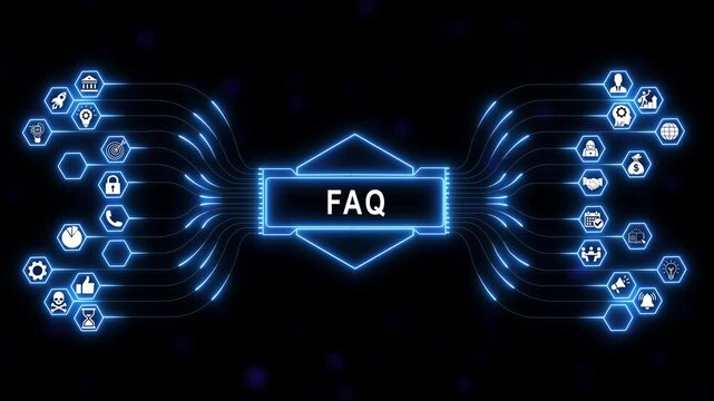 Comprehensive faq frequently asked questions digital network concept with glowing blue neon hexagon circuit board connections and advanced technology background motion