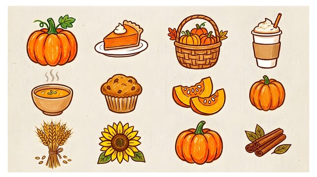 Set of autumn harvest elements including pumpkins, pumpkin pie, coffee, soup, muffin, sunflower, wheat, and cinnamon sticks