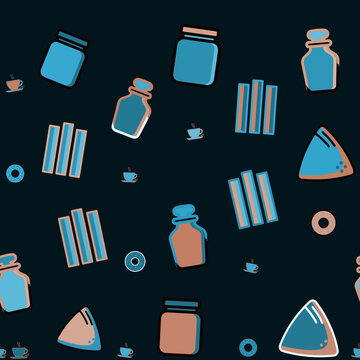 Seamless pattern of stylized jars, coffee cups, and abstract shapes