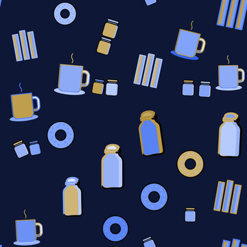 Seamless pattern with mugs, jars, donuts and abstract elements