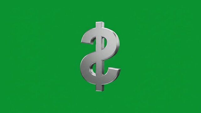 Silver dollar currency symbol spinning in constant circular motion for financial video footage background with a vibrant green screen backdrop