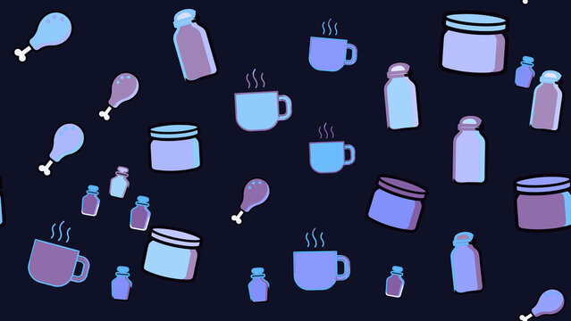 Food items pattern with chicken legs, jars, and cups