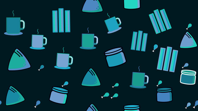 Stylized pattern of mugs, jars, and chicken legs