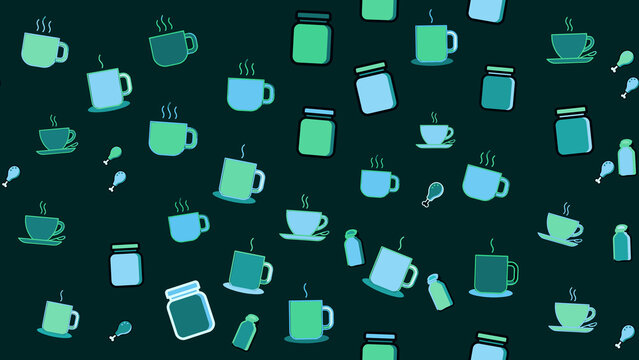 Seamless pattern of cups, jars, and chicken legs