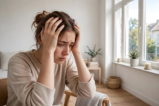 Stressed Young Woman Holding Her Head in Frustration Symbolizing Mental Health Anxiety and Overwhelmed Emotions