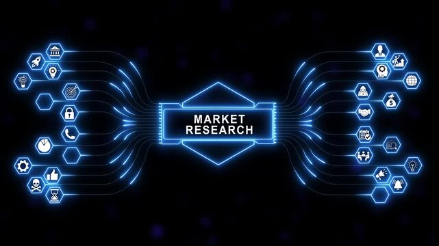 Futuristic market research neon glowing digital interface animation with connected business and data network flowing on dark background, for corporate presentations, and financial analysis