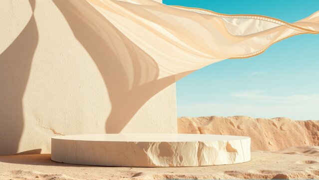 Minimalist scene. Beige platform, flowing fabric, desert landscape. Bright sky, soft shadows, warm tones create serene mood.