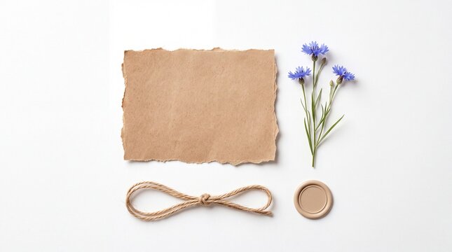 Blank brown paper card with blue flowers and twine string