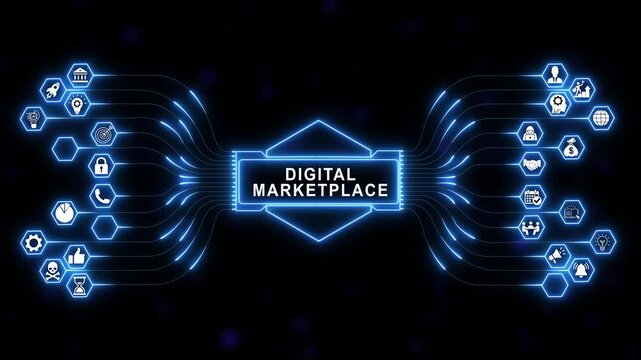 Digital marketplace concept with glowing neon blue circuit lines and hexagonal interconnected in a futuristic abstract cyber network infographic animation for e-commerce and business tech