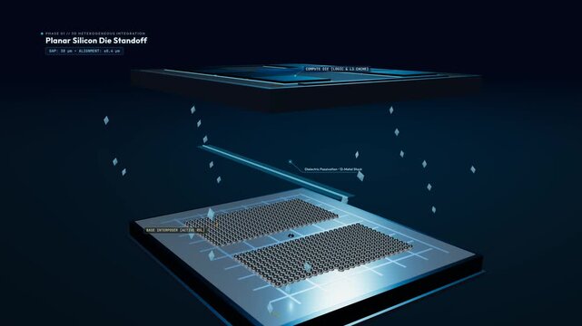 3D IC advanced packaging process animation showing silicon die standoff, TSV copper micro-pillar emergence, thermo-compression die stacking, and monolithic architecture for multiplied data bandwidth