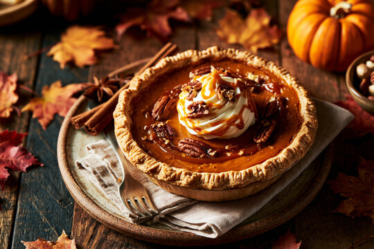 Pumpkin pie topped with whipped cream swirls and pecans, crossed cinnamon sticks, close-up on rustic table
