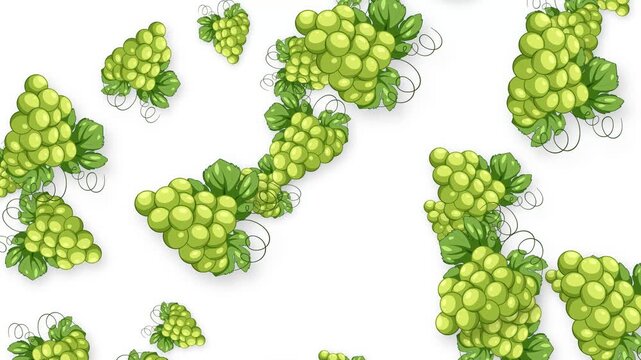 Animated Green Grape Bunches Falling Against a Solid White Background
