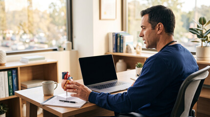Fototapeta premium Physician conducts telemedicine consultation from private clinic, reviewing anatomical model and notes while supporting remote care, digital health, medical communication and healthcare technology.