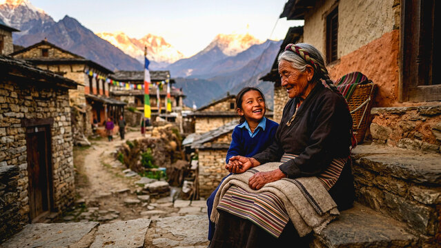Elderly Himalayan woman and young girl sitting together on stone steps in a traditional mountain village